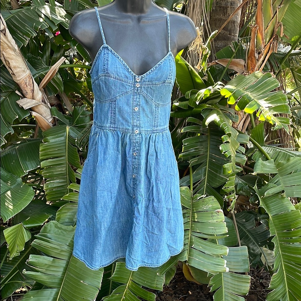 Guess denim spaghetti strap, fit, and flare dress
